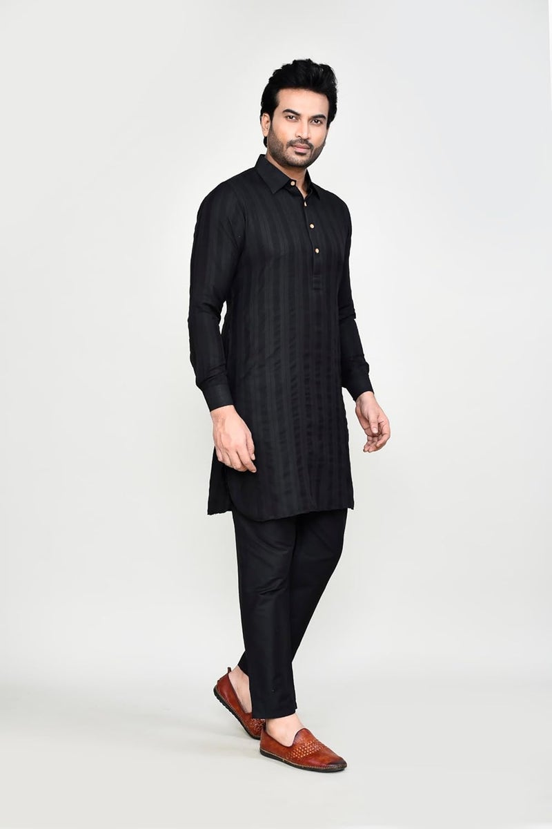 Polyfab Hathkargha Men's Long Sleeve Striped Kurta with Shirt Collar & Pant Set - Comfortable Cotton Blend Ethnic Wear - Image 3